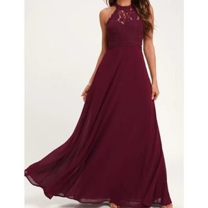 LULU'S SZ L Dance All Evening Burgundy Lace Maxi Dress B120 **FLAW